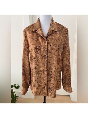 DELMOD Brown Abstract Pattern Long Sleeve Button Front Blouse Business Career